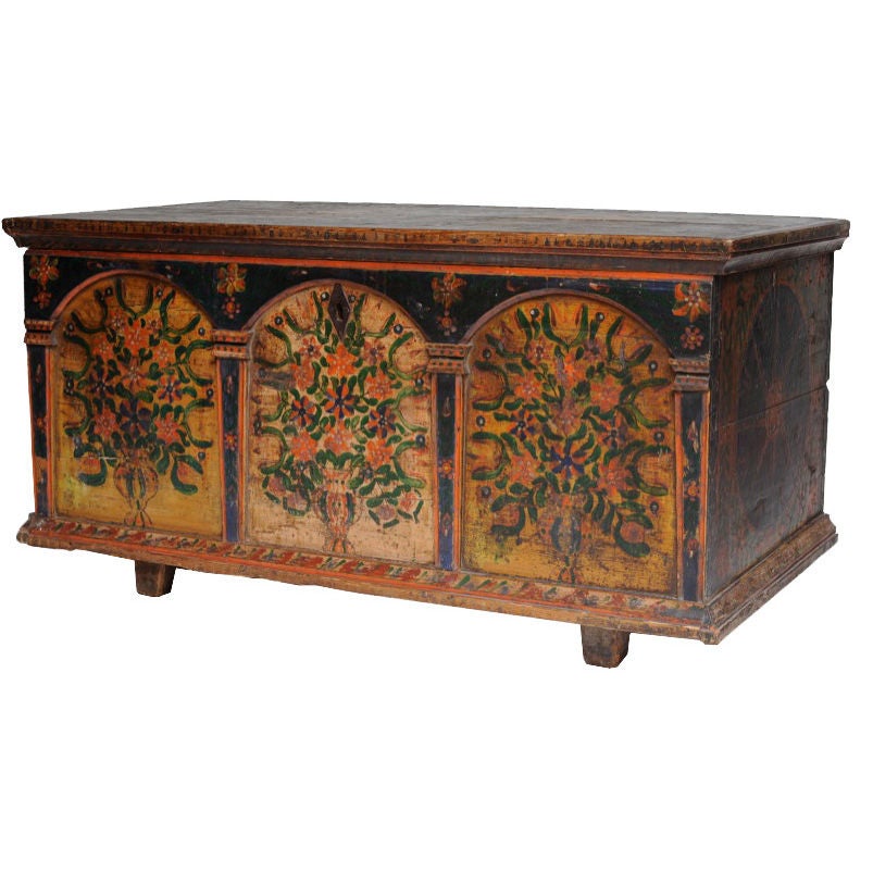 A ROMANTIC TYROLEAN POLYCHROMED FLORAL PAINTED PINE LARGE CHEST For Sale