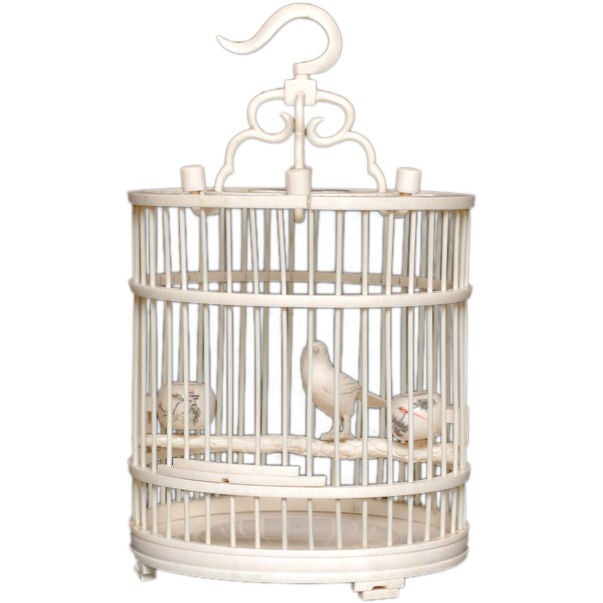 CHINESE CARVED IVORY DIMINUTIVE BIRD CAGE WITH HANGING HOOK For Sale