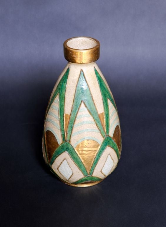 FRENCH ART DECO GREEN AND AQUA GLAZED POTTERY VASE by S. Germain
