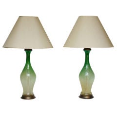 PAIR OF ITALIAN 1950'S HAND-BLOWN MODULATED GREEN  GLASS LAMPS