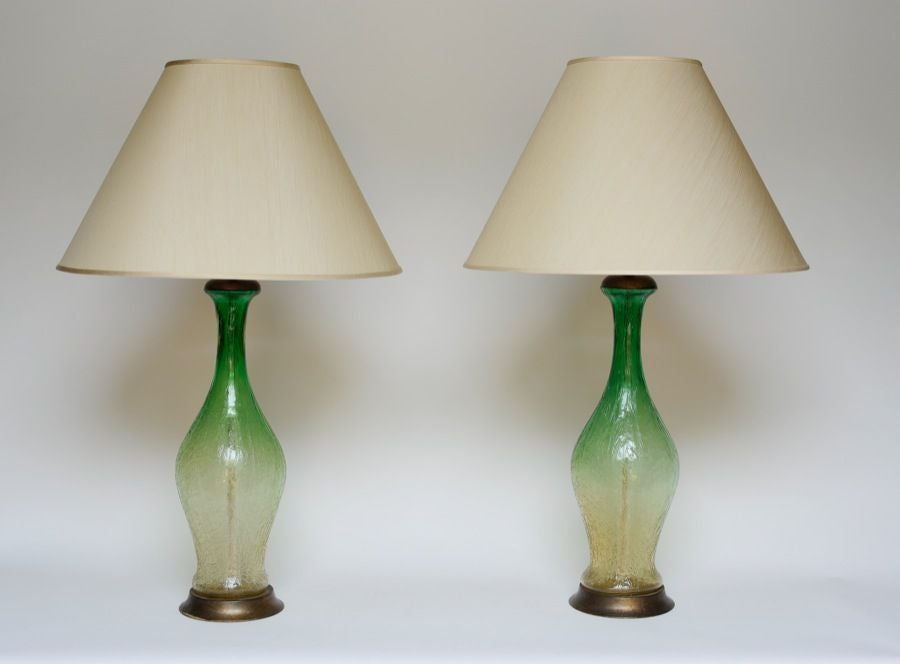 PAIR OF ITALIAN 1950'S HAND-BLOWN MODULATED GREEN  GLASS LAMPS