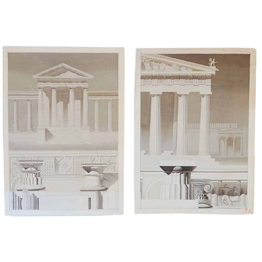A  PAIR OF AMERICAN NEO-CLASSICAL LARGE ORIGINAL WASH RENDERINGS For Sale