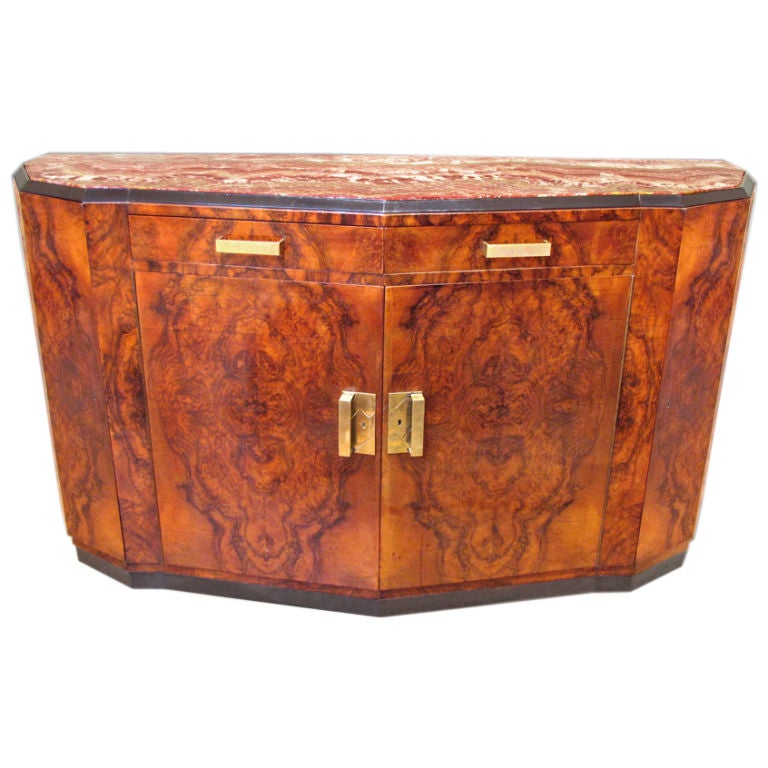 ITALIAN ART DECO BURL WALNUT CREDENZA WITH IRON RED ONYX TOP For Sale