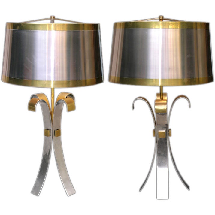PAIR OF FRENCH CHROMED AND GOLD-WASHED BRASS LAMPS For Sale