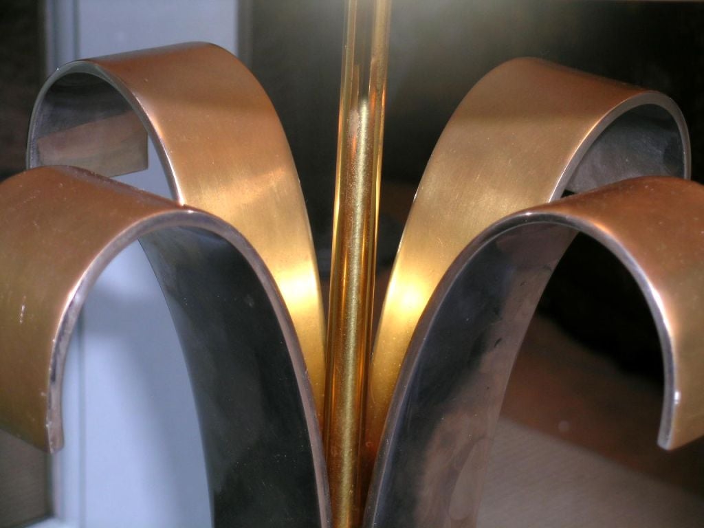 EACH A SPLAYED SHEAF-FORM WITH CHROMED QUATREFOIL BLADES; WITH CONFORMING CIRCULAR METAL SHADES AND GOLD WASHED HIGHLIGHTS.
