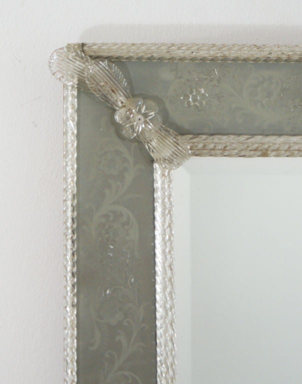 Floral Decorated and Etched Murano Mirror, 32" x 27"