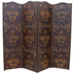 Antique Painted and Tooled Leather Screen