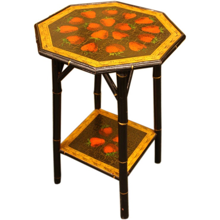 Antique English Bamboo Side Table, New Strawberry Decoupage