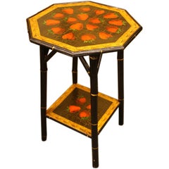 Antique English Bamboo Side Table, New Strawberry Decoupage