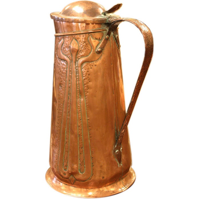Lidded Large Art Nouveau Copper Jug