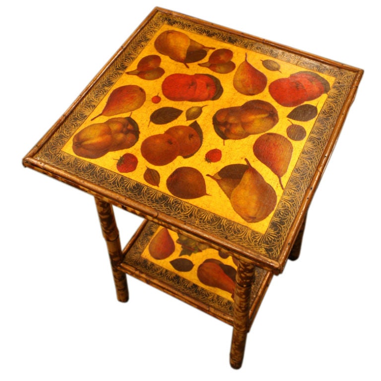 Antique English Bamboo Table, Decoupaged Fruits