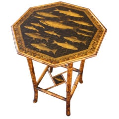 Fish Decoupaged Antique English Bamboo Side Table