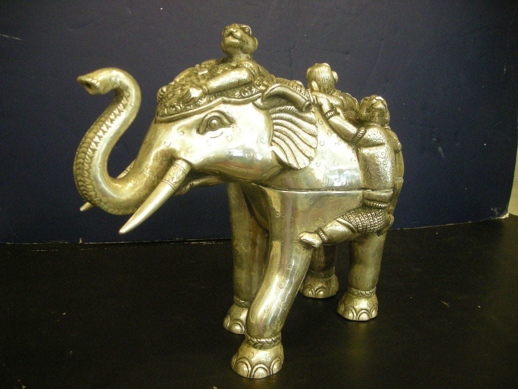 Cambodian Sterling Silver Elephant Box Adorned with Frolicking Monkeys