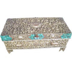 Tibetan Repoussé Silver Box with Turquoise & Red Coral Clusters