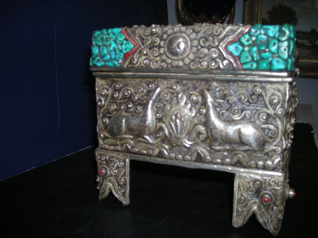 Tibetan Repoussé Silver Box with Turquoise & Red Coral Clusters 1
