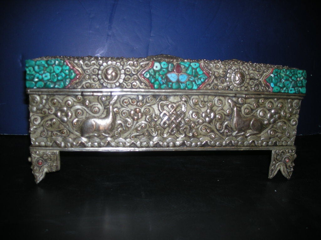 Tibetan Repoussé Silver Box with Turquoise & Red Coral Clusters 3