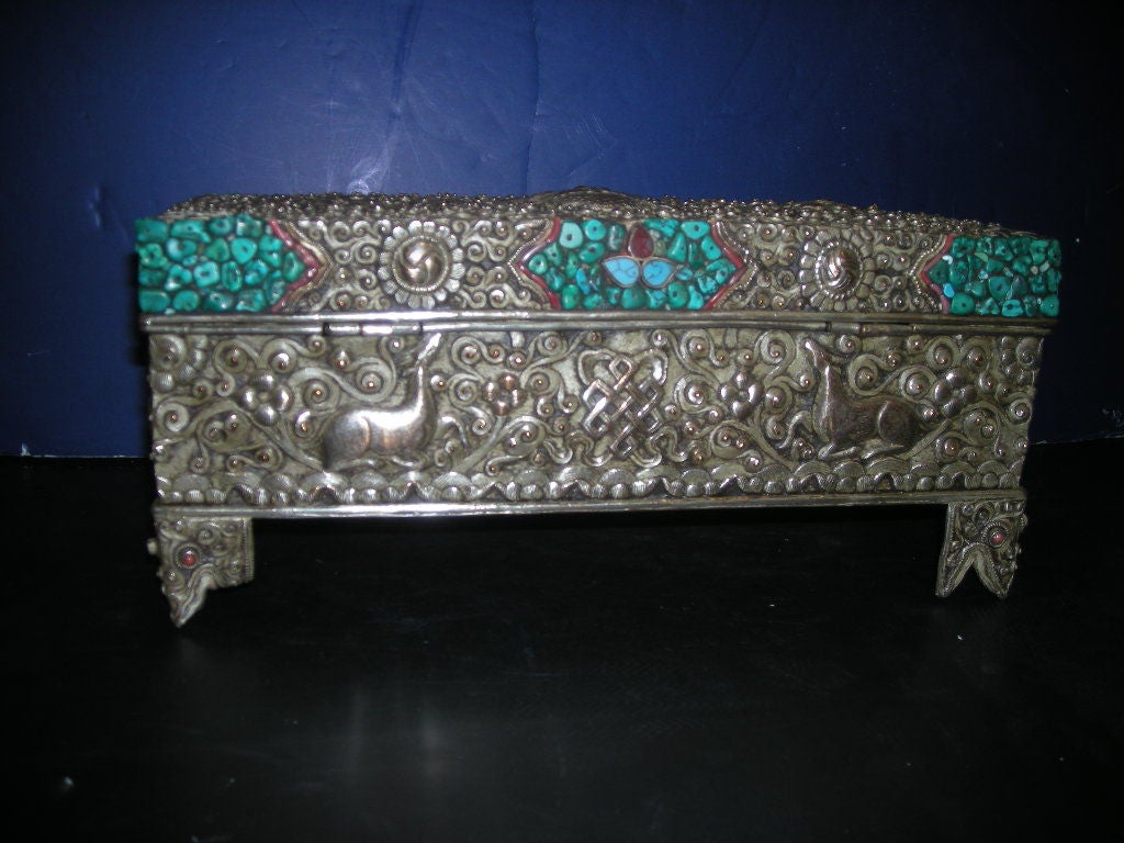 Tibetan Repoussé Silver Box with Turquoise & Red Coral Clusters 4
