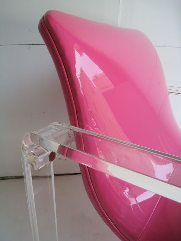 Lucite Lounge Chair. Chrome Fittings.Newly upholstered in Pink Patent Faux Leather.
