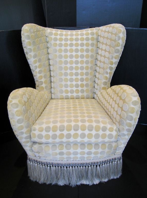 Italian Wing Back Chair attributed to Paulo Buffa. This is a Stylized Wing Back with Great Lines.  Restored with Velvet Chenille Fabric and Houles Trim.