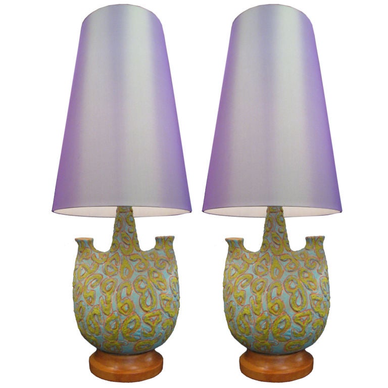Pair of  Large Italian Volcanic Glaze  Lamps
