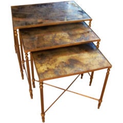 Set of Brass Stacking Tables with Distressed Mirror Tops