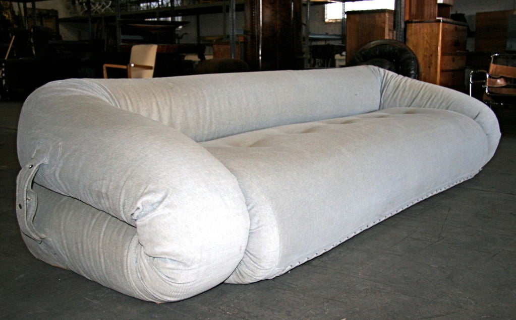 Anfibio Sofa with foam-covered steel freme, original upholstered with syntetic sheepskin mattress covering. Converts to bed on release of side straps and folding down of seat and back.