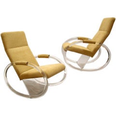 Matching Pair of Lucite and Upholstered Rocking Chairs