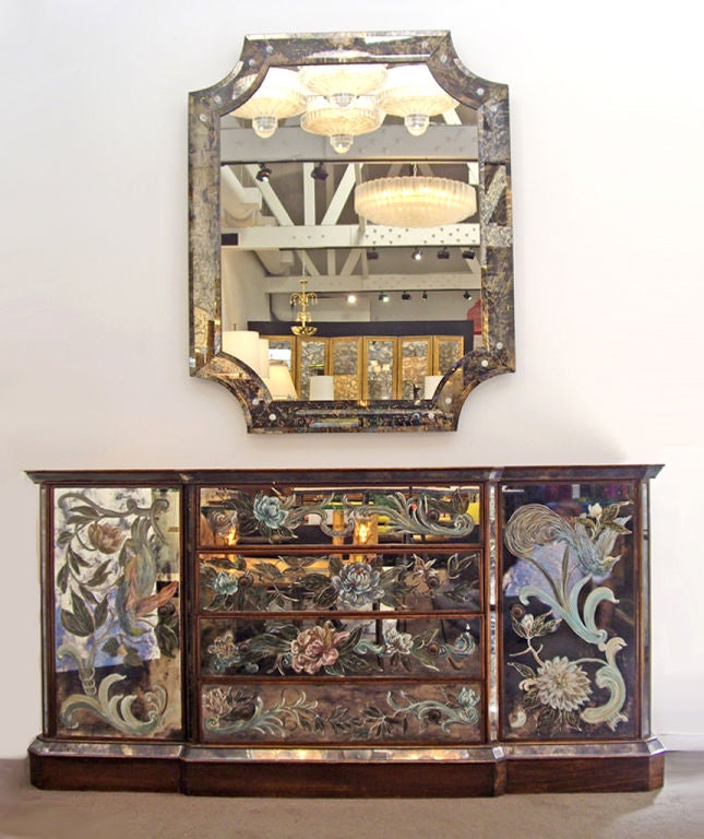 Mid-20th Century 1940s Eglomise Cabinet with Stylized Flowers and Birds