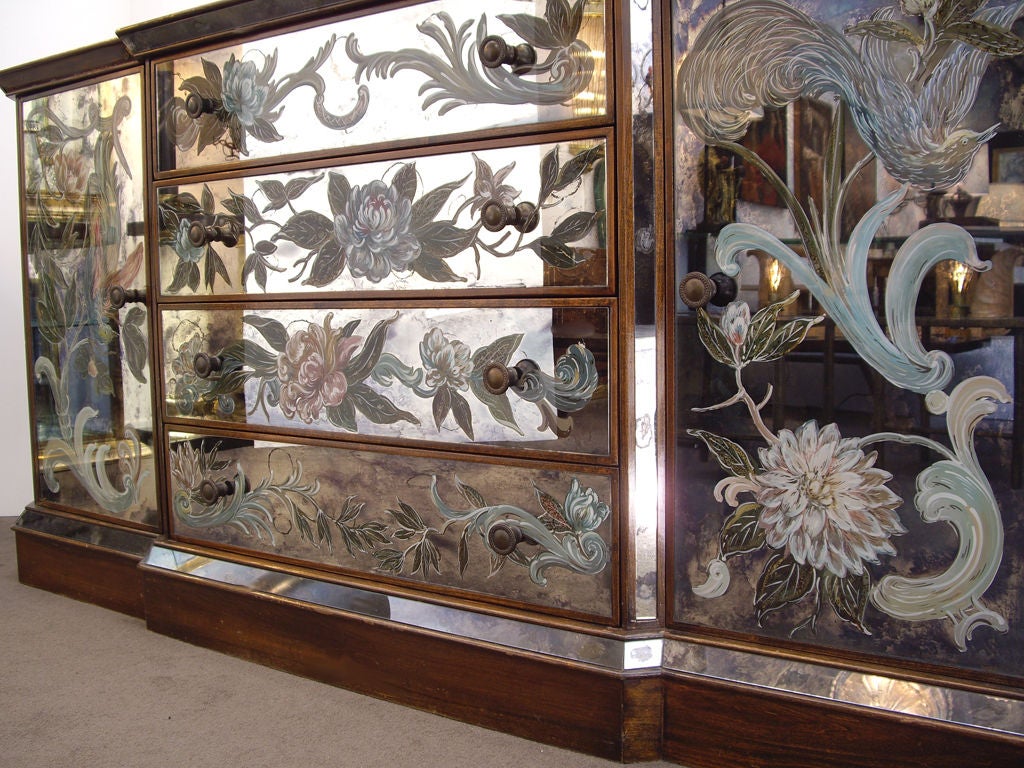 1940s Eglomise Cabinet with Stylized Flowers and Birds In Excellent Condition In Los Angeles, CA