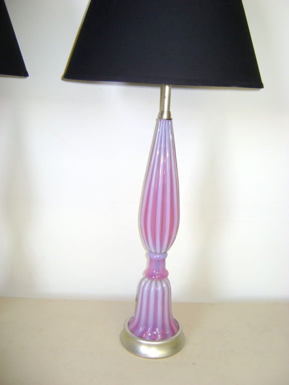 Italian Pair of Slender Fluted Pink Seguso Table Lamps For Sale