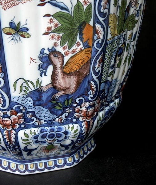 19th Century Massive Belgian Polychromed Lobed Octagonal Ginger Jar with Lid Surmounted by 