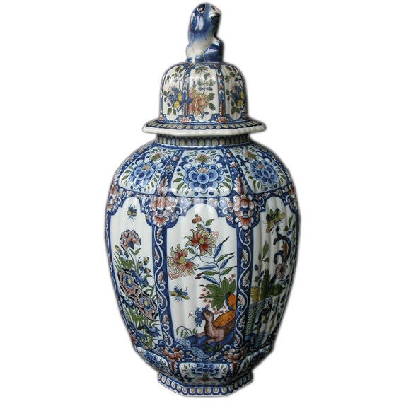 Massive Belgian Polychromed Lobed Octagonal Ginger Jar with Lid Surmounted by 