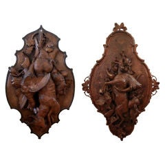 Antique Superbly Carved Pair of Swiss Black Forest Oak Wall Trophies