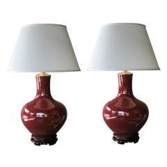 A Large-Scaled Pair of Chinese Sang de Boeuf Bottle Vase Lamps