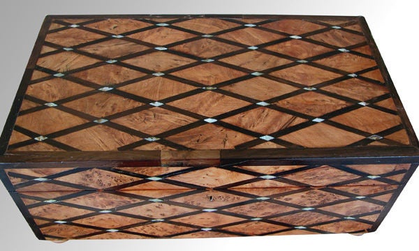 A Handsome English Burl Walnut Box with Coromandel Latticework