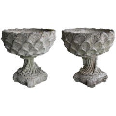 Antique Large Pair of Italian Cast Stone Garden Urns in the Grotto Taste