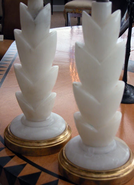Exotic Pair of Italian Mid-Century Carved White Alabaster Lamps