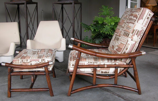 A Stylish &  Large-Scaled American Mid-Century Rattan Armchair with Ottoman in the Chinese Taste