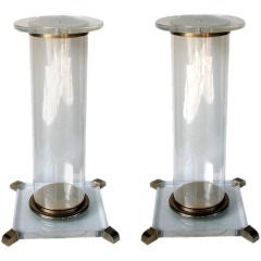 Chic Pair of French Lucite Cylindrical Pedestals w/Bronze Mounts