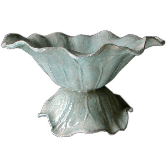 Delightful French Celadon-Enameled Iron Cabbage-Form Bowl