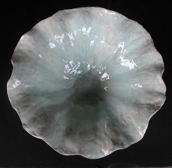 Delightful French Celadon-Enameled Iron Cabbage-Form Bowl In Excellent Condition In San Francisco, CA