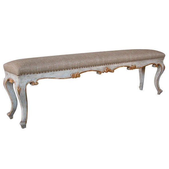 An Elegant Italian Rococo Style Carved Wood Upholstered Bench