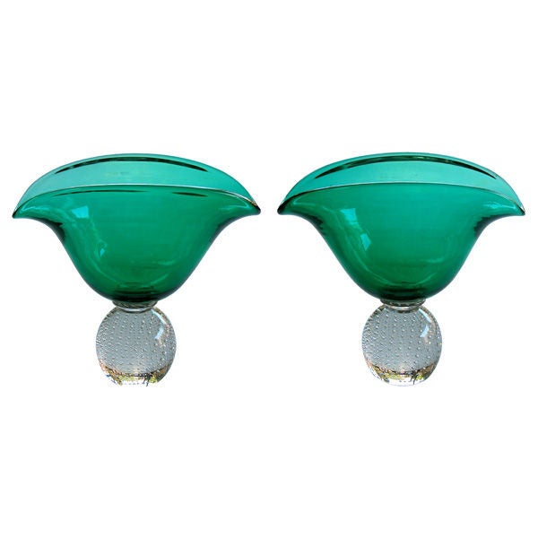 A Shimmering Pair of American Emerald Green Vases; by Erickson
