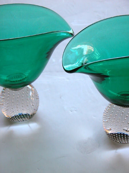 Mid-20th Century A Shimmering Pair of American Emerald Green Vases; by Erickson