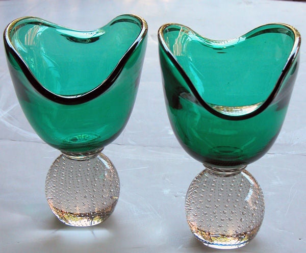 A Shimmering Pair of American Emerald Green Vases; by Erickson 2