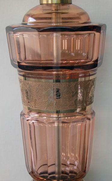 A Pair of Bohemian Art Deco Aubergine Glass Decagonal Lamps