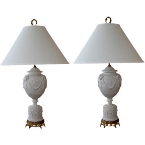 American Wedgwood Style White Bisque Porcelain Baluster-Form Lamps; Kessler