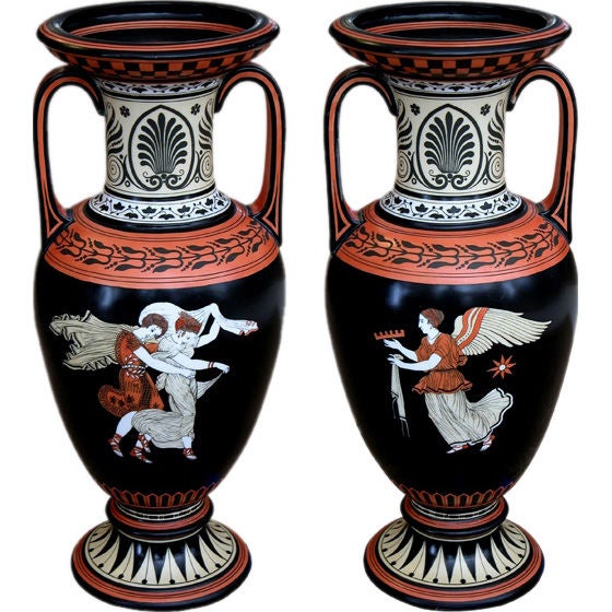 Rare Pair of English Porcelain Urns with Classical Figures; S.A&Co. For Sale