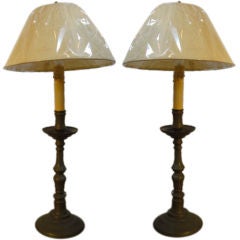 PAIR OF 19THC  PEWTER CANDLESTICK LAMPS W/FABRIC SHADES