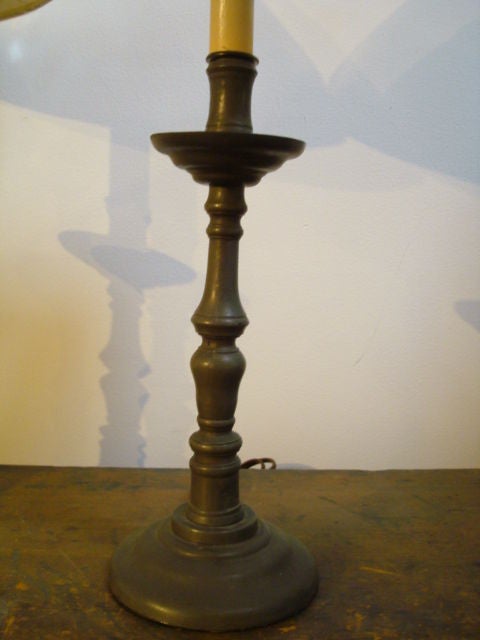 PAIR OF 19THC  PEWTER CANDLESTICK LAMPS W/FABRIC SHADES